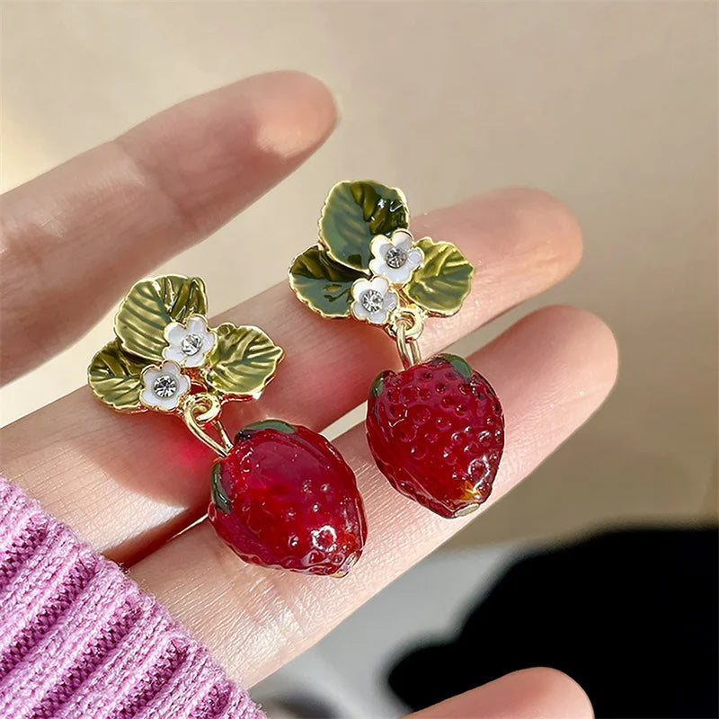 the STRAWBERRY FIELDS - Delicate Red Strawberry Flower Drop Earrings for Women, 3D Simulated Fruit Green Leaves Earrings