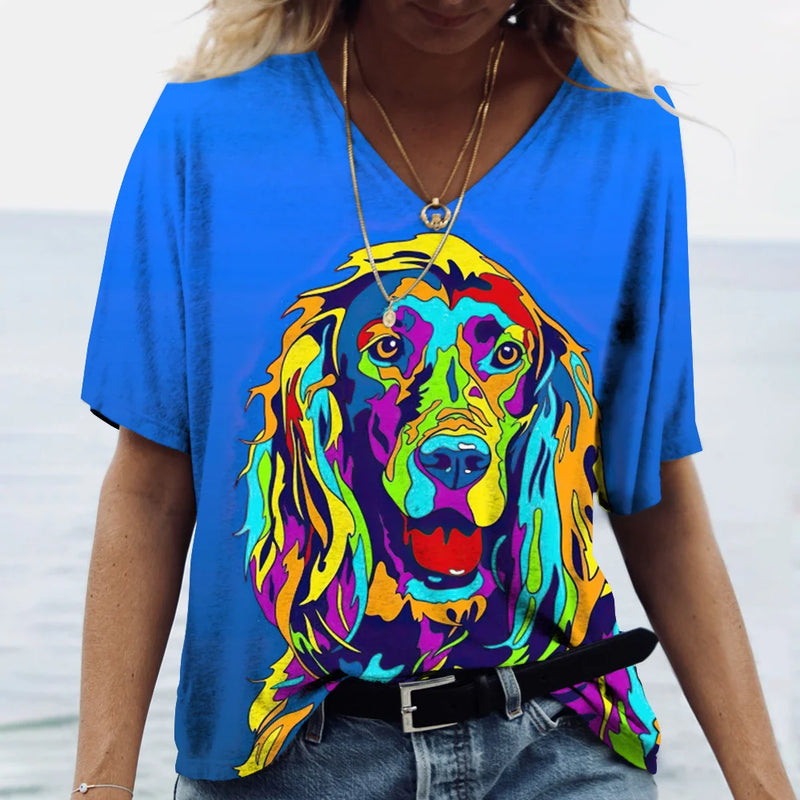 Summer New Women's V-neck Top Short Sleeve T-shirts 3D Cute Dog Print Casual Lovely Harajuku Versatile Y2K Clothes European Size