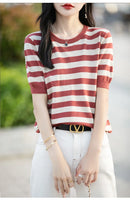 the CASHMERE - Sweater Short Sleeved Striped Sweater Pullover Knitted Cashmere Sweater for Women