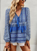 the BAGGY BOHO - Boho Floral Blouse V-Neck Tassel Long Sleeve Bohemian Summer Fashion Shirt for Women