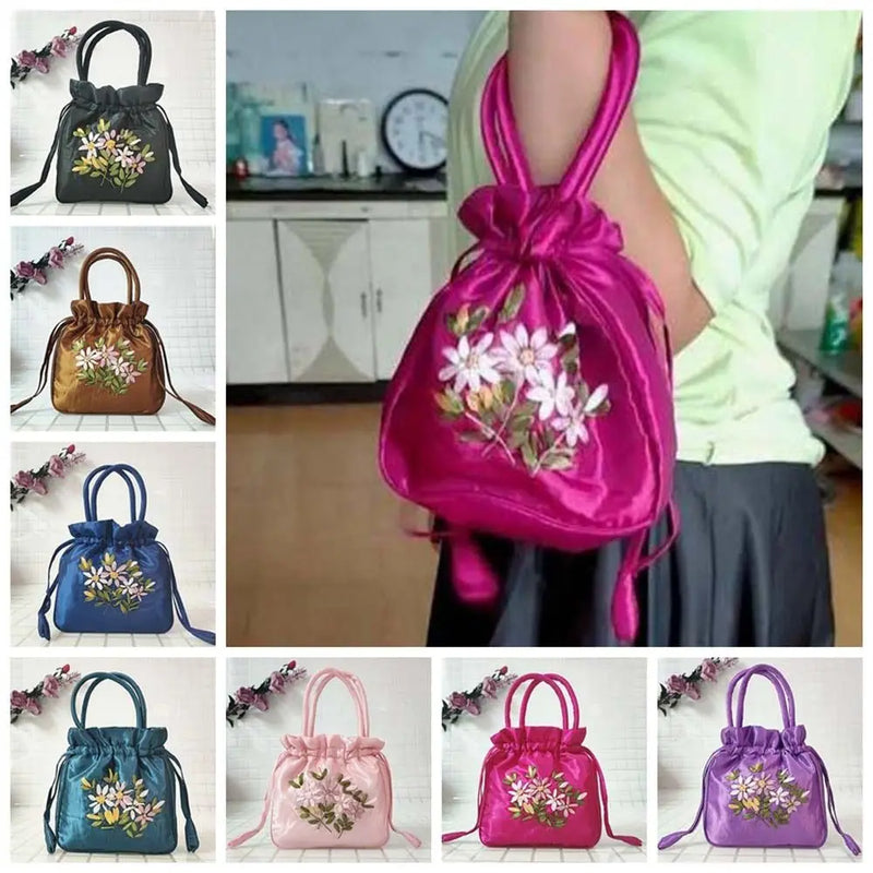 the SATCHEL - Retro Elegant Satin Silk Embroidery Totes for Women, Floral Drawstring Handbag, Woman Purse/Wallet Small Tote Bags