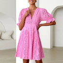 the EYELET DRESS - Sexy Summer V-Neck Short Sleeve Beach Summer Loose Pleated A-Line Lace Hollow Solid Color Dress