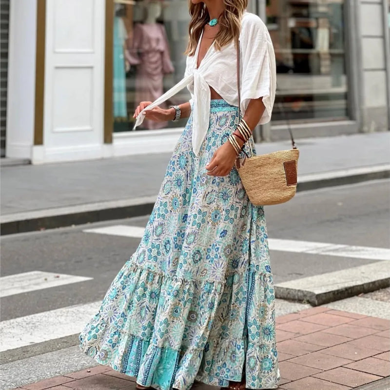 Boho Women Long Floral Skirts Summer Autumn Loose Casual Skirt Fashion Elastic Waist Big Hem Long Beach Skirt Women Clothes