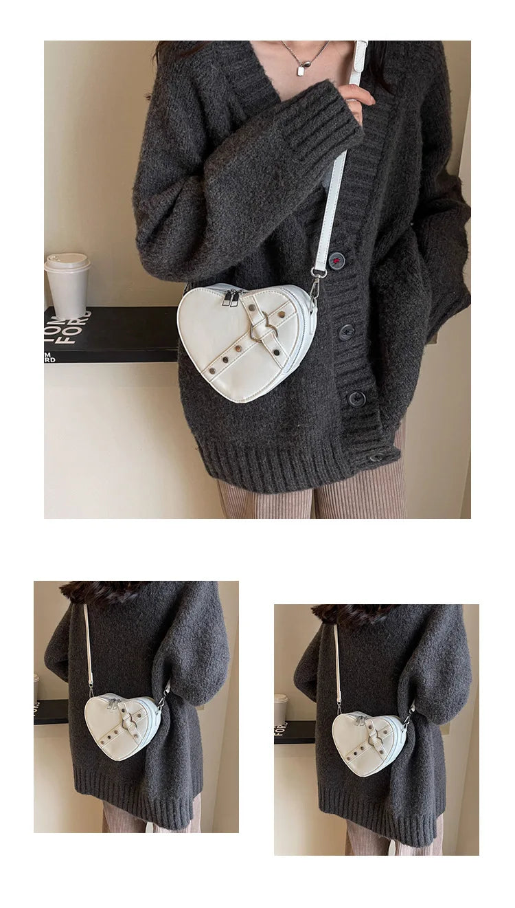 the CROSS MY HEART - Vintage Small Chain Rivet Shoulder Bag, Heart Shaped Purse/Handbag, PU Leather Gothic Tote Bag, Fashion Crossbody Bag