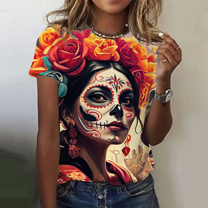 Women's T-shirt for Girls Summer Short Sleeve Casual Fashion  Sexy Girls Clothes Horror Undead Skull Pattern oversized T-shirts