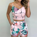 the SHORTY - Summer Women 2-Piece High Waist Hot Shorts Flower Printed Sleeveless V-Neck Sling Blouse Shorts Set