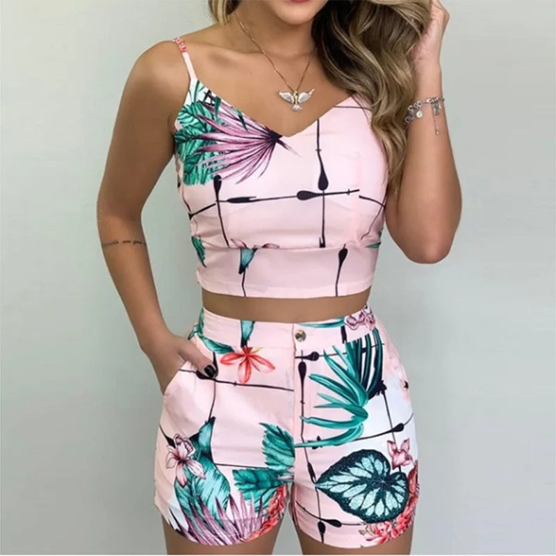 Women 2-piece Outfit Set Female High Waist Hot Shorts Pants Suit Summer Flower Printed Sleeveless V-neck Sling Blouse Shorts Set