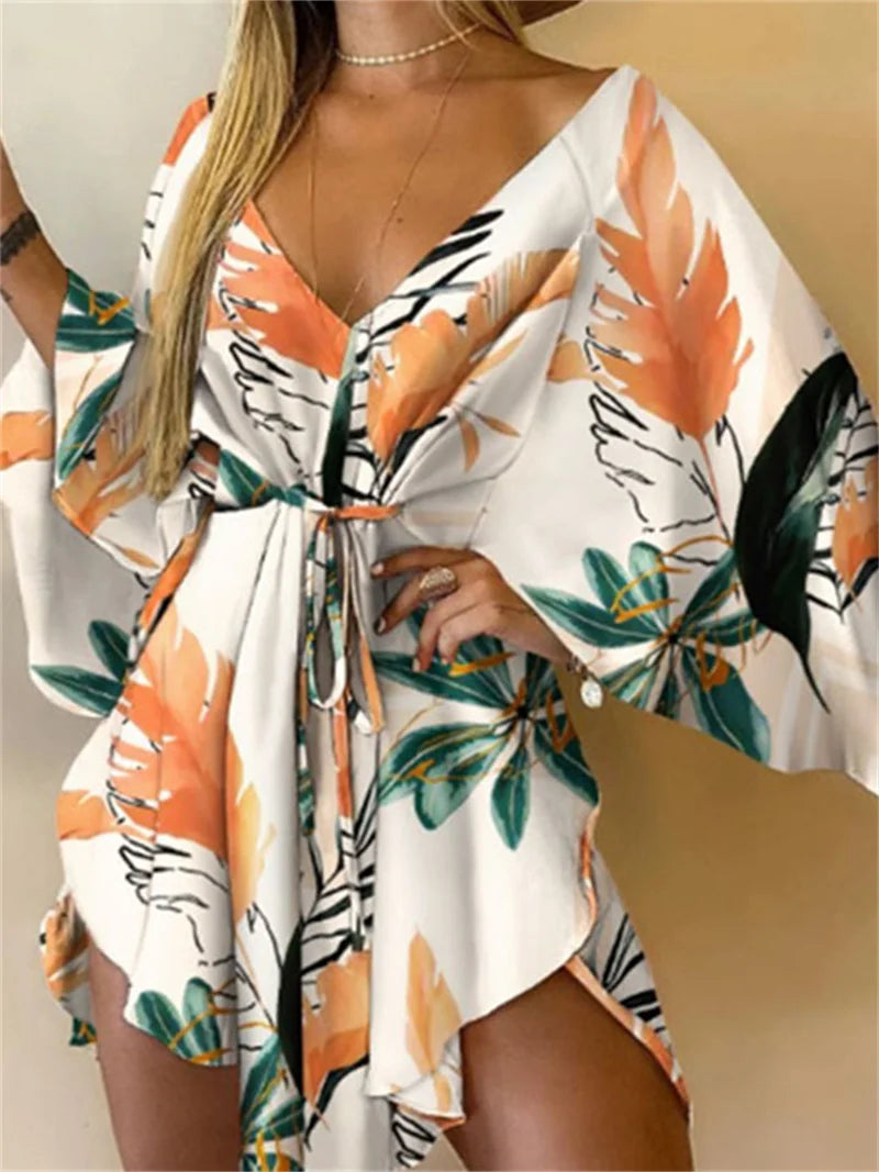 Women Print Dress Sexy V-Neck Bat Sleeve Ruffl Flowers Print Bohemian Beach Sundress Ladies Loose Summer Vacation Mini Dresses