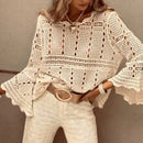 the CROCHET BOHO - Spring/Summer Lace Crochet Hollow Out Beach Bohemian Cover Up Long Sleeve Knitted Tops