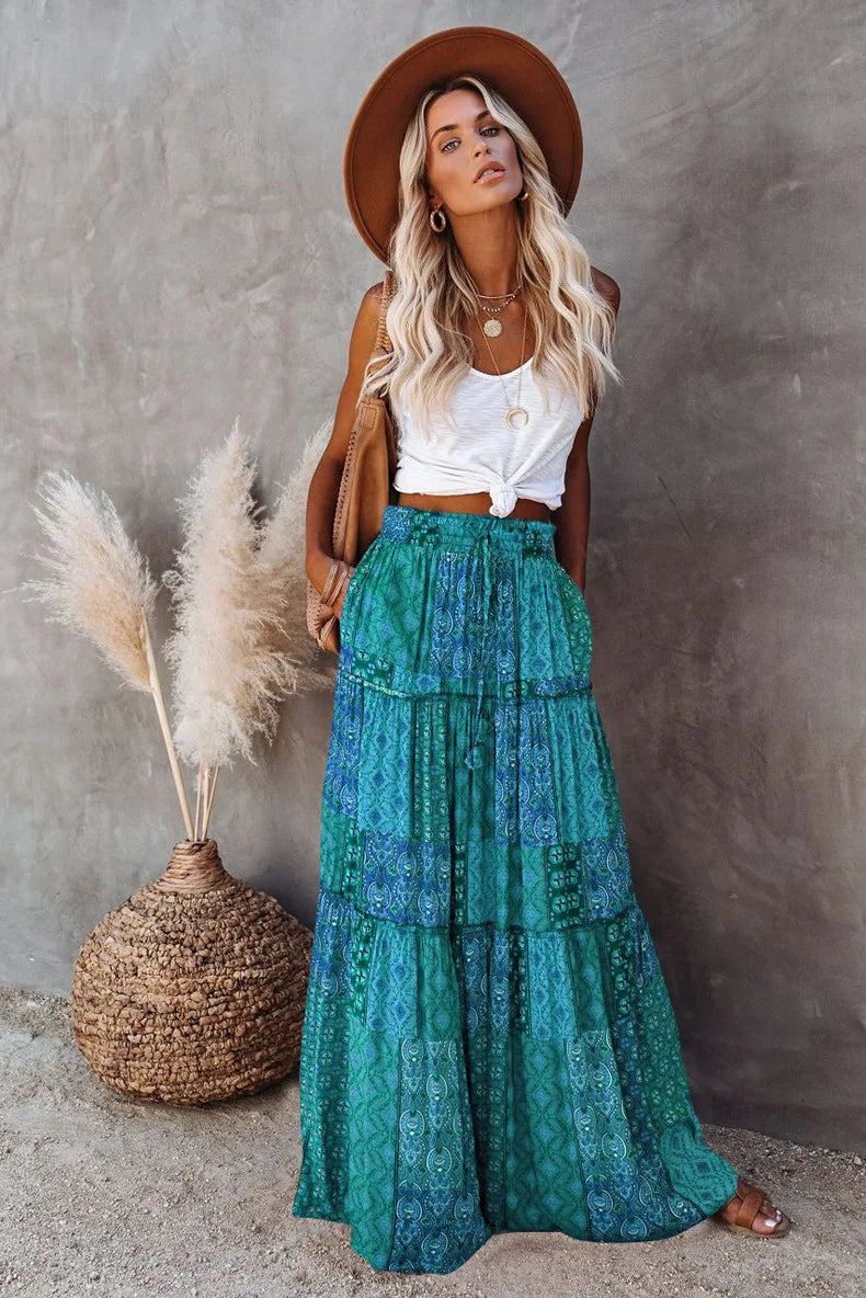 New Long Skirt Retro Skirt Loose Casual High Waist Skirt Bohemian Style Patchwork Pleated Pocket Skirt