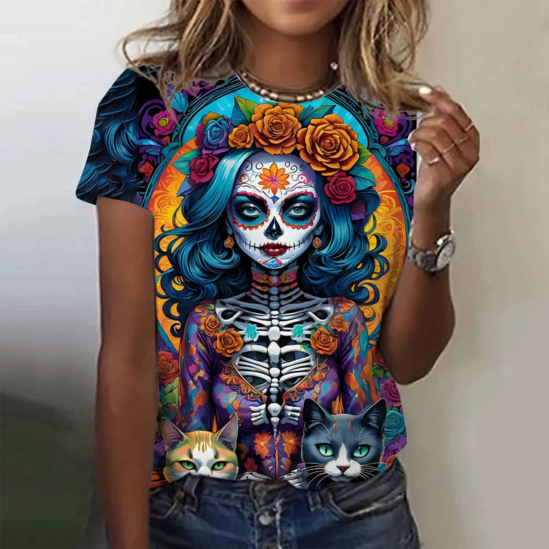 Women's T-shirt for Girls Summer Short Sleeve Casual Fashion  Sexy Girls Clothes Horror Undead Skull Pattern oversized T-shirts