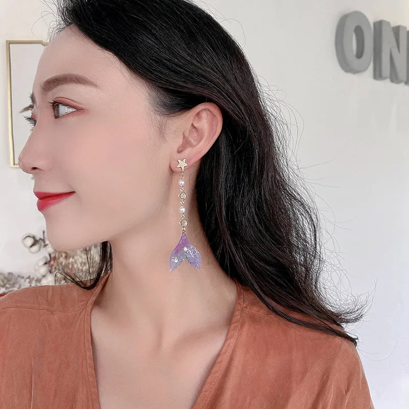 the MER-TAIL - Fishtail Imitation Pearl Tassel Earrings for Women, Fashion Butterfly Wing Heart Asymmetry Sweet Earring Party Jewelry