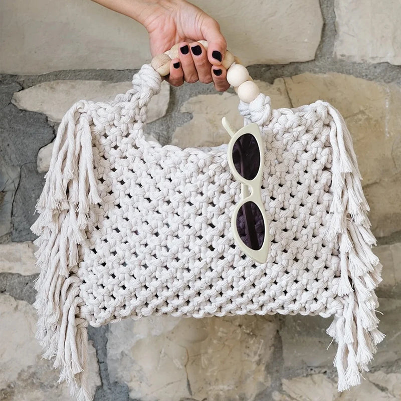 the SWEATER BAG - Tote Bags Large Capacity Luxury Designer Handbag for Women, New Knitting Tassel Beading Decorate Purse Ladies Beach Bag