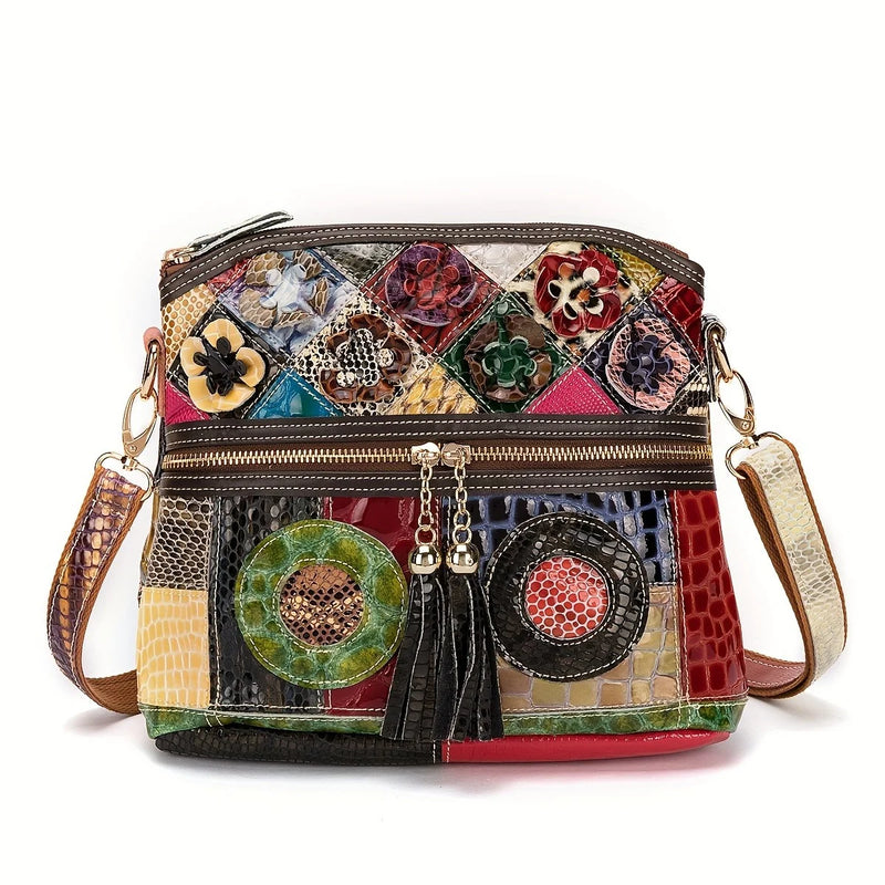 the HIPPIE HOBO - Casual Multi Color Messenger Bag, Snake Pattern Women's Colorful Flowers Splicing Tassels Single Shoulder Purse