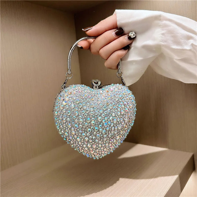 the CRYSTAL HEART - Luxury Diamond Inlay Heart Shape Crystal Clutch Purse, Stones Evening Wedding Party Shoulder Bag, Handle Rhinestone Mini Handbags