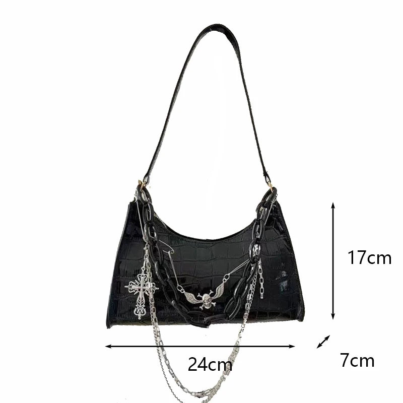 the VAMP GIRL - Retro Women's Underarm Bag, Trend Gothic Skull Chains Handbags and Purse, High Street Punk Cross Shoulder Bags