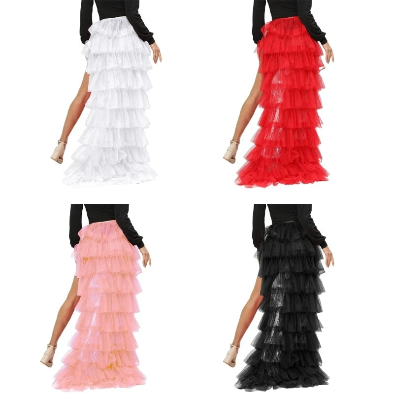 Women Long High Low Ruffles Tulle Skirt Solid Color Mesh Tied-Up Irregular Floor-Length Party Train Overskirt Cover Ups