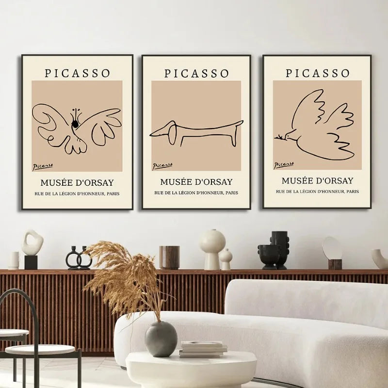 the PICASSO - Pablo Picasso Exhibition Poster Retro Face Canvas Abstract Line Pigeon Sausage Dog Modern Gallery Wall Art Home Decoration