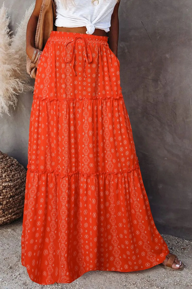 New Long Skirt Retro Skirt Loose Casual High Waist Skirt Bohemian Style Patchwork Pleated Pocket Skirt