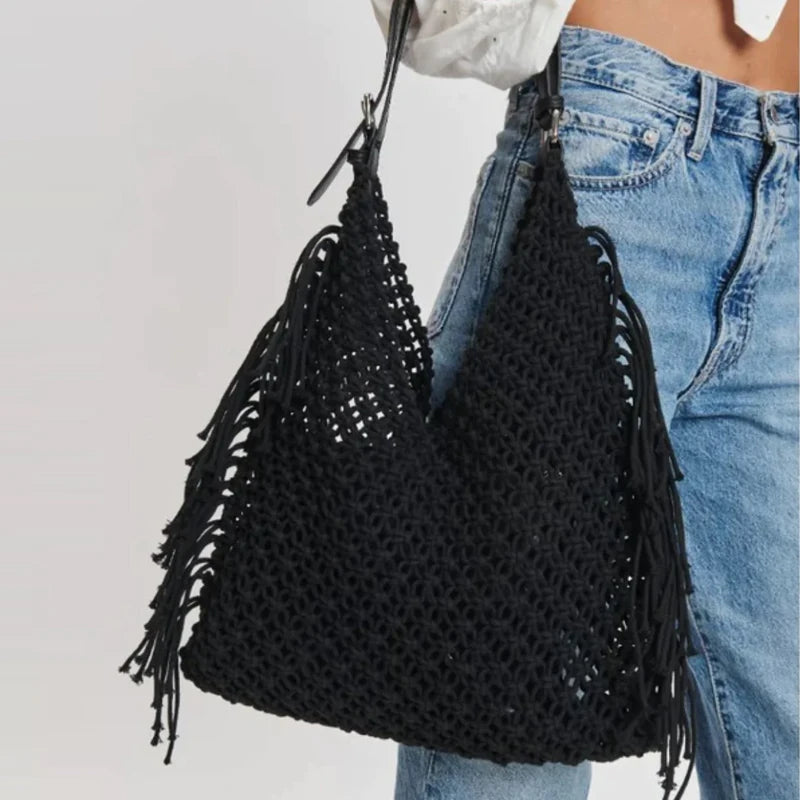 the BEACH BOHO - Hollow Out Hobos Bags for Women, Luxury Designer Handbag/Purse, Weave Large Capacity Tassel Shoulder Straw Beach Bag