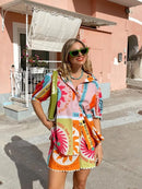 the CITRINE - Women Summer Shorts Outfits Daily Beach Sun Print Short Sleeve Button Shirts Tops Elastic Waist Shorts 2 Piece Lounge Sets