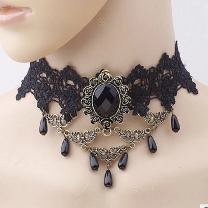 the GOTHIC VICTORIAN - Gothic Victorian Black Lace Necklace Women/Girl Boho Crystal Tassel Sexy Lace Choker Dark Style Jewelry