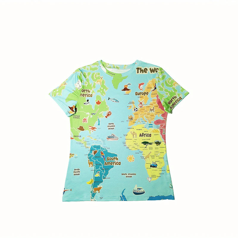 the ATLAS - Women's World Map Pattern Print Casual O-Neck Loose Short Sleeves T-Shirts