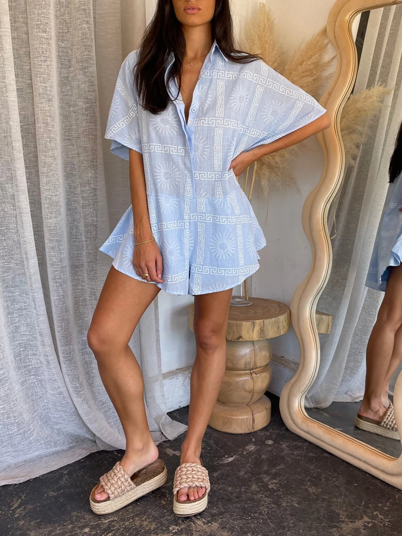 Fashion Women Boho Floral Romper Shorts Oversized Button Down Short Sleeve Wide Leg Short Jumpsuit Vacation Outfits