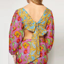 the BOW BOHO - Waist Hollow Sexy Floral Print Backless Bow Elegant O-Neck Lantern Sleeve Long Dress