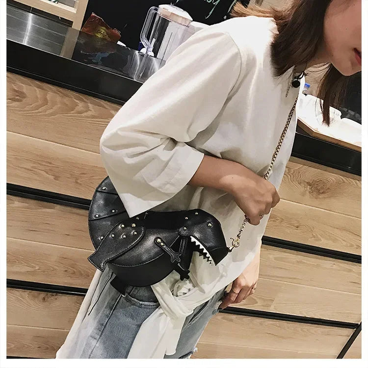 the DINO-MYTE - Trend Fashion 3D Dinosaur Design Rivets PU Leather Chain Purse, Shoulder Bag Tote, Crossbody Mini Messenger Bag