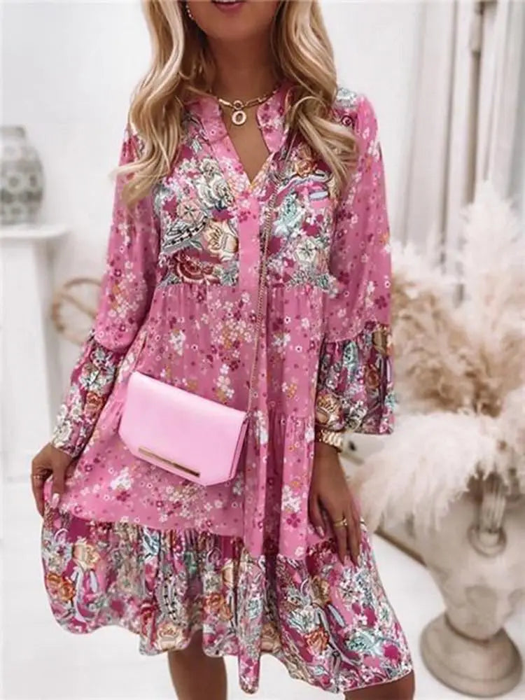 Casual Floral Print Dresses For Women 2024 Sping Summer Boho V Neck Loose A Line Dress Elegant Beach Party Dress Robe Femme