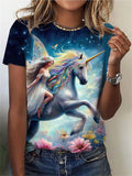 Pegasus Printed Crew Collar T-shirt,Casual Short Sleeve Top For Spring & Summer, Women's Clothing