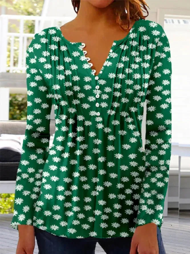 the FLOWER SHOP - Women's Vintage Floral Print Pleated Button Spring/Summer Fashion V-Neck 3/4 Sleeve Elegant Slim Blouse Tops