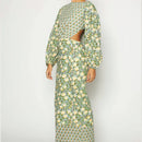 the BOW BOHO - Waist Hollow Sexy Floral Print Backless Bow Elegant O-Neck Lantern Sleeve Long Dress