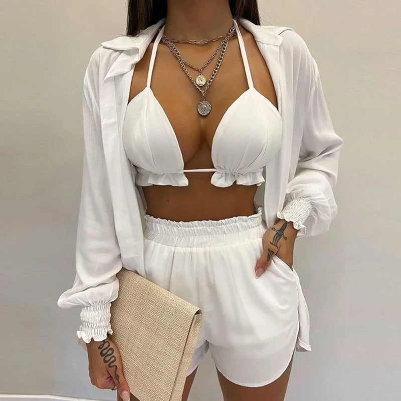 2024 Bohemia Beach Summer Women Clothing Outfits Fashion Spring Sling Tops Long Shirt Short Pants 3 Pcs Sets