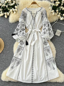 the INDIE BOHO - Bohemian Retro Ethnic Style Spring Autumn Embroidered Lace Up Lantern Sleeves Waist Cinching Long Dress