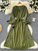 the INDIE BOHO - Bohemian Retro Ethnic Style Spring Autumn Embroidered Lace Up Lantern Sleeves Waist Cinching Long Dress