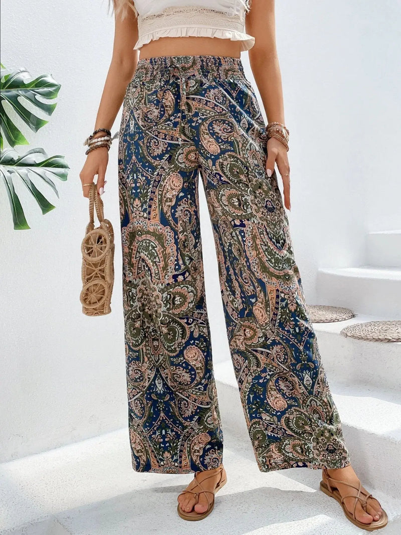 Women's Pants 2024 Summer New Fashion Versatile Printed Elastic Waist Wide Leg Pants Retro Ethnic Style Elastic Waist Trousers