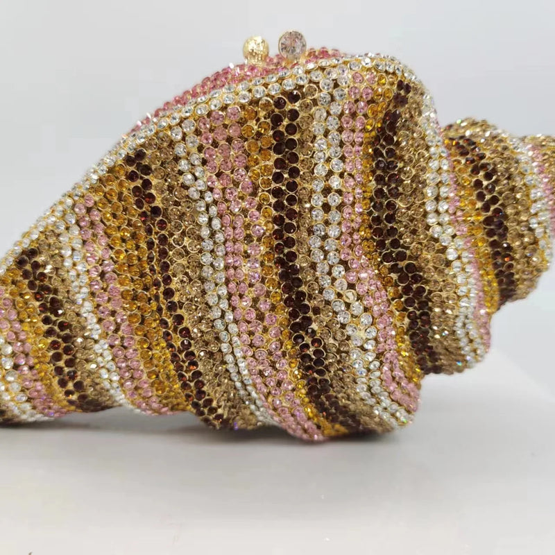 the CONCH - Lady Conch Blue/Gold Crystals Clutch Purse, Female Evening Bag, Wedding Diamond Purse/Bridal Handbag, Party Rhinestone Minaudiere