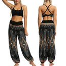 the BROCADE - Women's Bohemian Loose Wide Leg Elastic Waist Feather/Flower Print Baggy Harem Pants