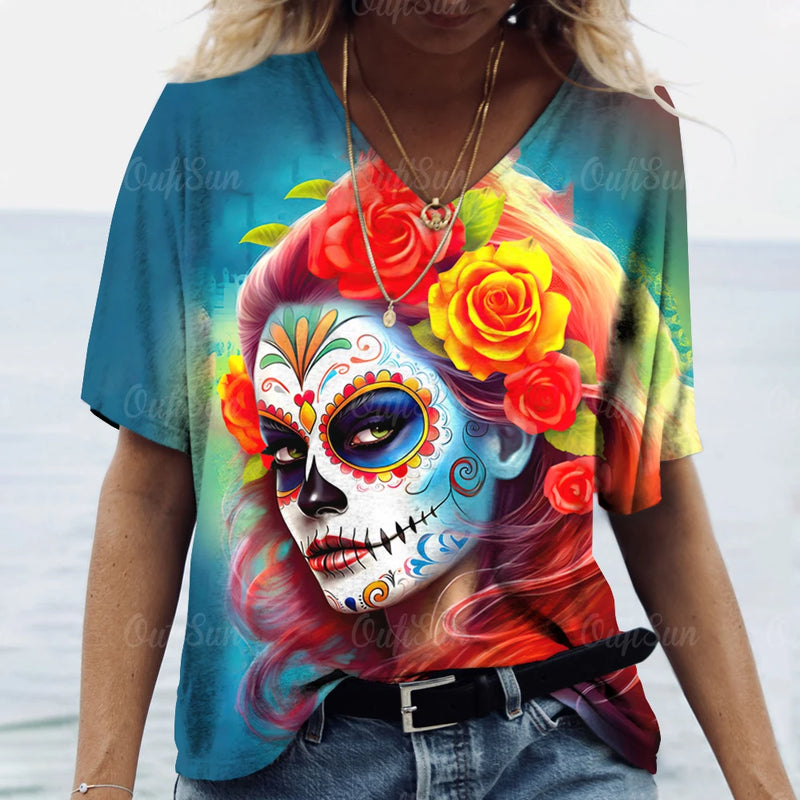 2023 Vintage Skull Face Women's T Shirt Tops V Neck Casual Cotton Short Sleeve Pullover Summer Female Harajuku Punk Streetwear