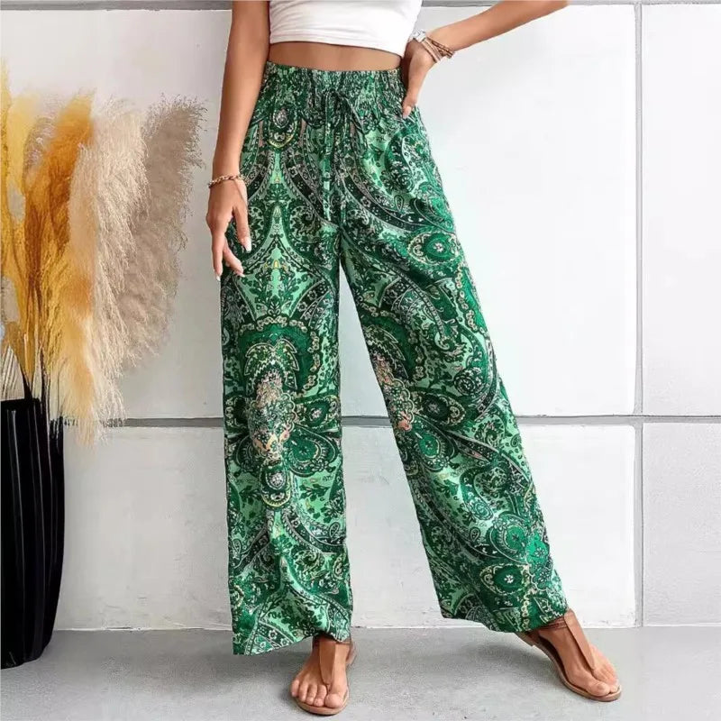 Women's Pants 2024 Summer New Fashion Versatile Printed Elastic Waist Wide Leg Pants Retro Ethnic Style Elastic Waist Trousers