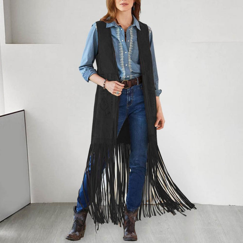 Western Fringed Vest Bohemian Fringe Vest Women's Sleeveless Cardigan with Tassel Detail Patch Pockets for Cowboy Cosplay