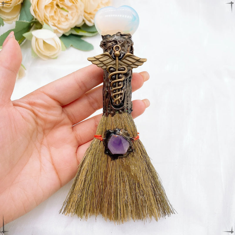 the WITCHES BROOM - Natural Amethyst Crystal Quartz Gem Love Heart Magic Broom Crafts Reiki Healing Witch Home Garden Decor Christmas Gift