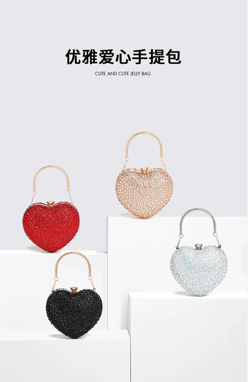 the CRYSTAL HEART - Luxury Diamond Inlay Heart Shape Crystal Clutch Purse, Stones Evening Wedding Party Shoulder Bag, Handle Rhinestone Mini Handbags