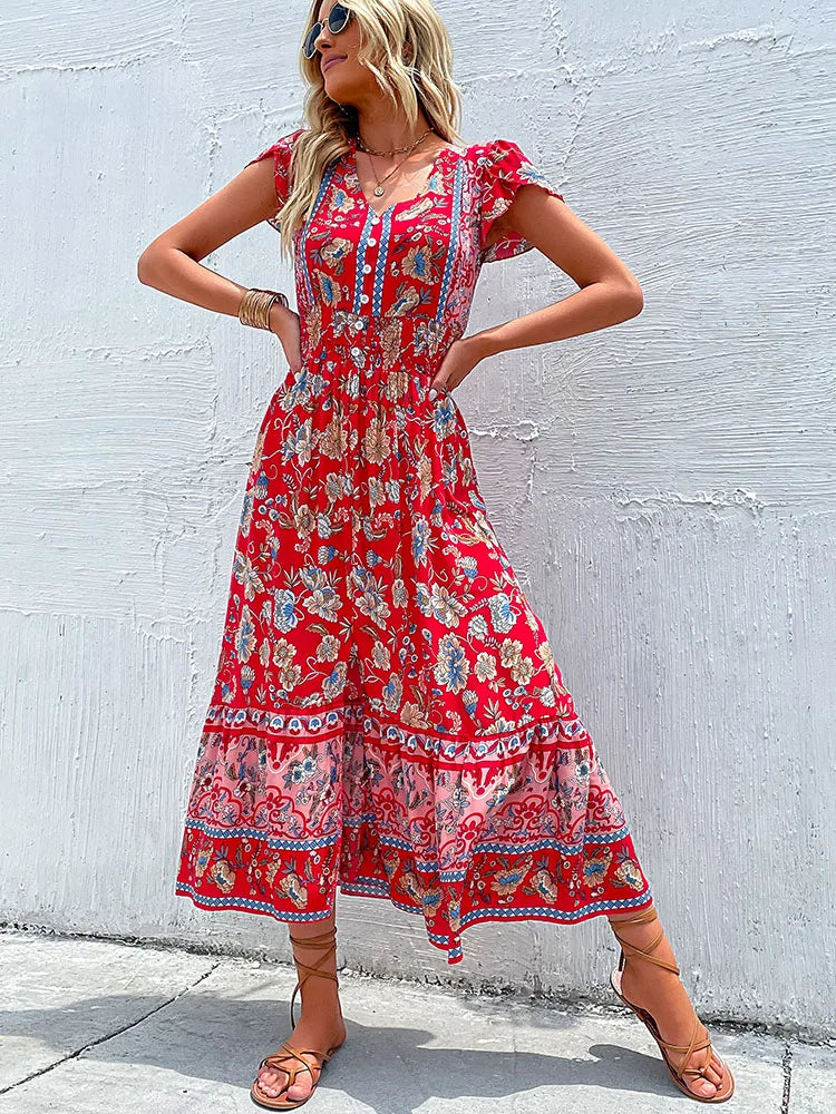 the BANDANA BOHO - Vintage Floral Boho Printed Short Sleeves V-Neck Slit A-Line Bohemian Summer Beach Midi Dresses