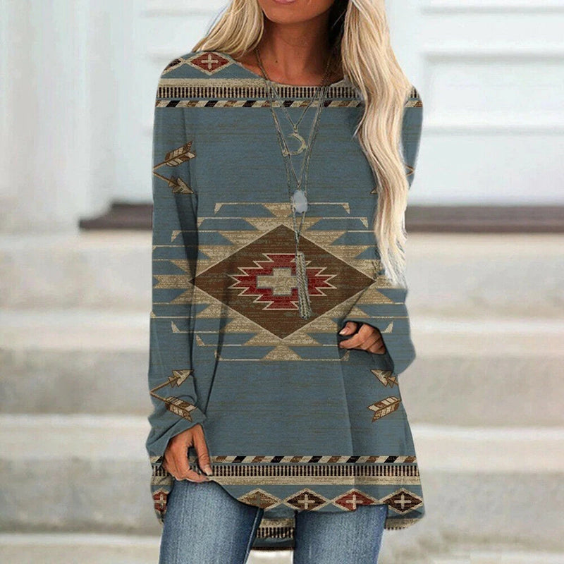 Feather Print Women's T-shirts Vintage Pattern Long Sleeves T shirt Indians Style Women Clothing Tops Autumn Loose Pullover