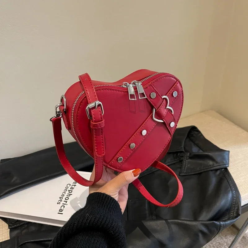 the CROSS MY HEART - Vintage Small Chain Rivet Shoulder Bag, Heart Shaped Purse/Handbag, PU Leather Gothic Tote Bag, Fashion Crossbody Bag