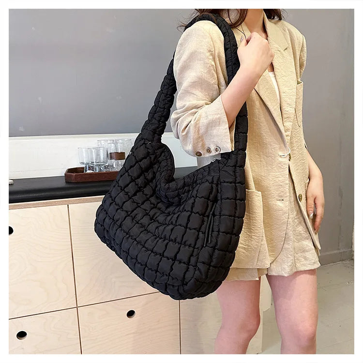 the PUFFY BOHO - Casual Ruched Hobos, Women Shoulder Bags, Quilted Padded Crossbody Bag, Large Capacity Nylon Puffer Tote Bag, Big Shopper Purses