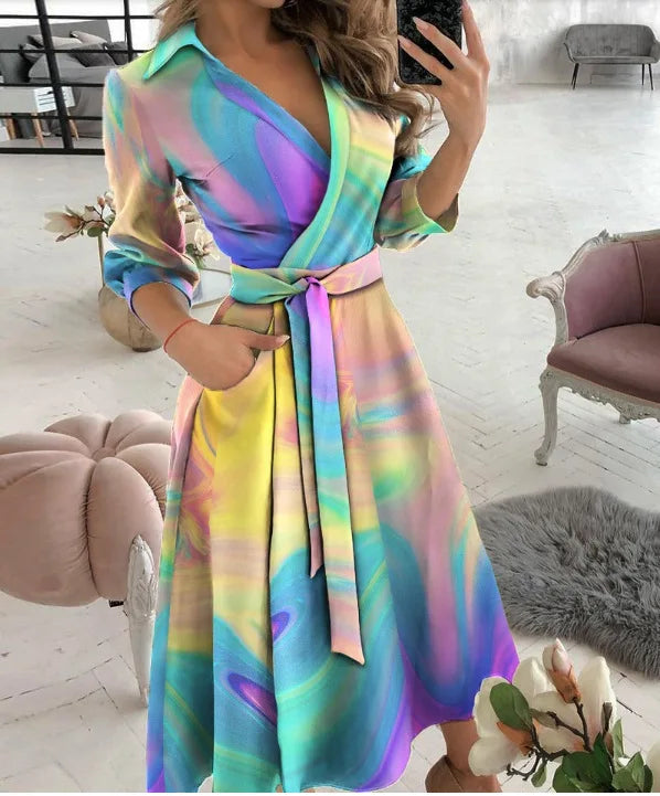 Women V-Neck Dress Spring And Summer New Fashion Three Quarter Sleeve Printed Women's Dress With Waist Tie Up Polo Long Dress